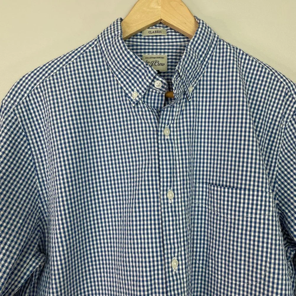 J. Crew Shirt Medium Blue White Gingham Plaid‎ Classic Button-Front Men's
